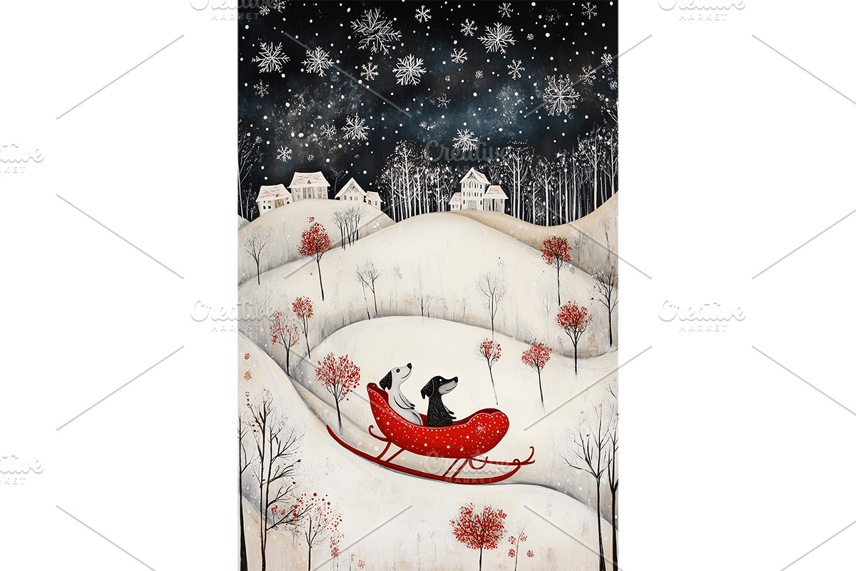 Dog Sleigh Riding Under Stars Poster, an Animal Illustration by Art Paradise Studios