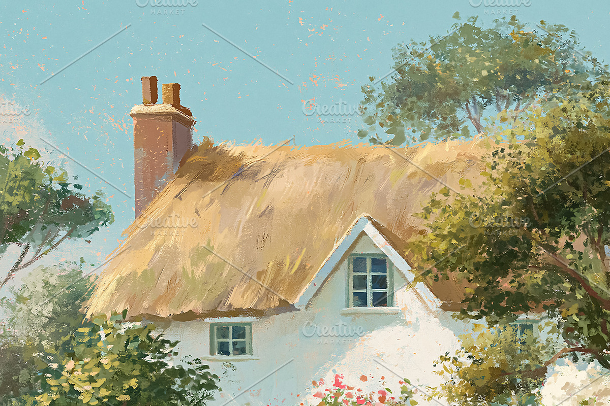 Cottage with thatched roof and vibrant summer garden, surrounded, an Illustration by Studio ANNA (Photo 1 of 2)