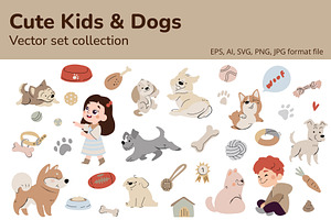 Cute kids and dogs vector set
