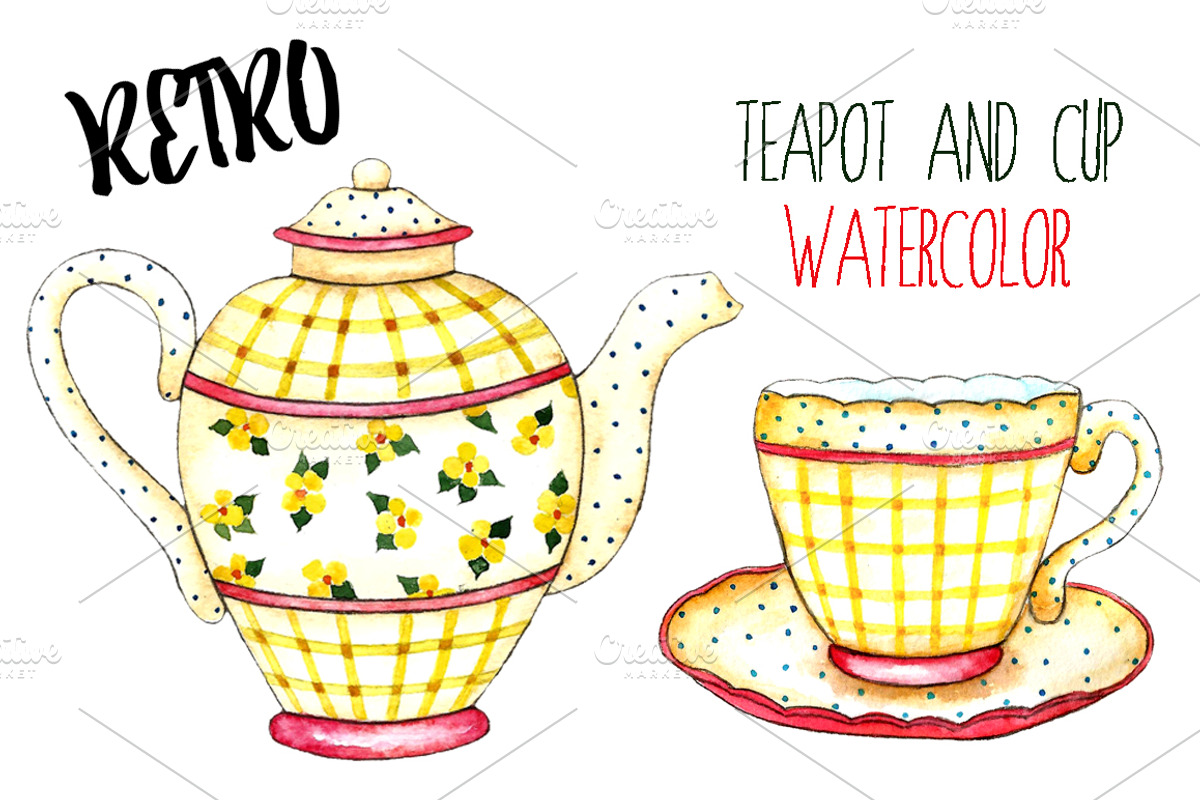 Watercolor teapots and cups, a Food Illustration by Vikeriya (Photo 2 of 6)