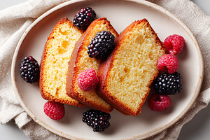 Delicious sponge cake slices served with fresh berries on a white plate, a Food & Drink Photo by AlyaAnd