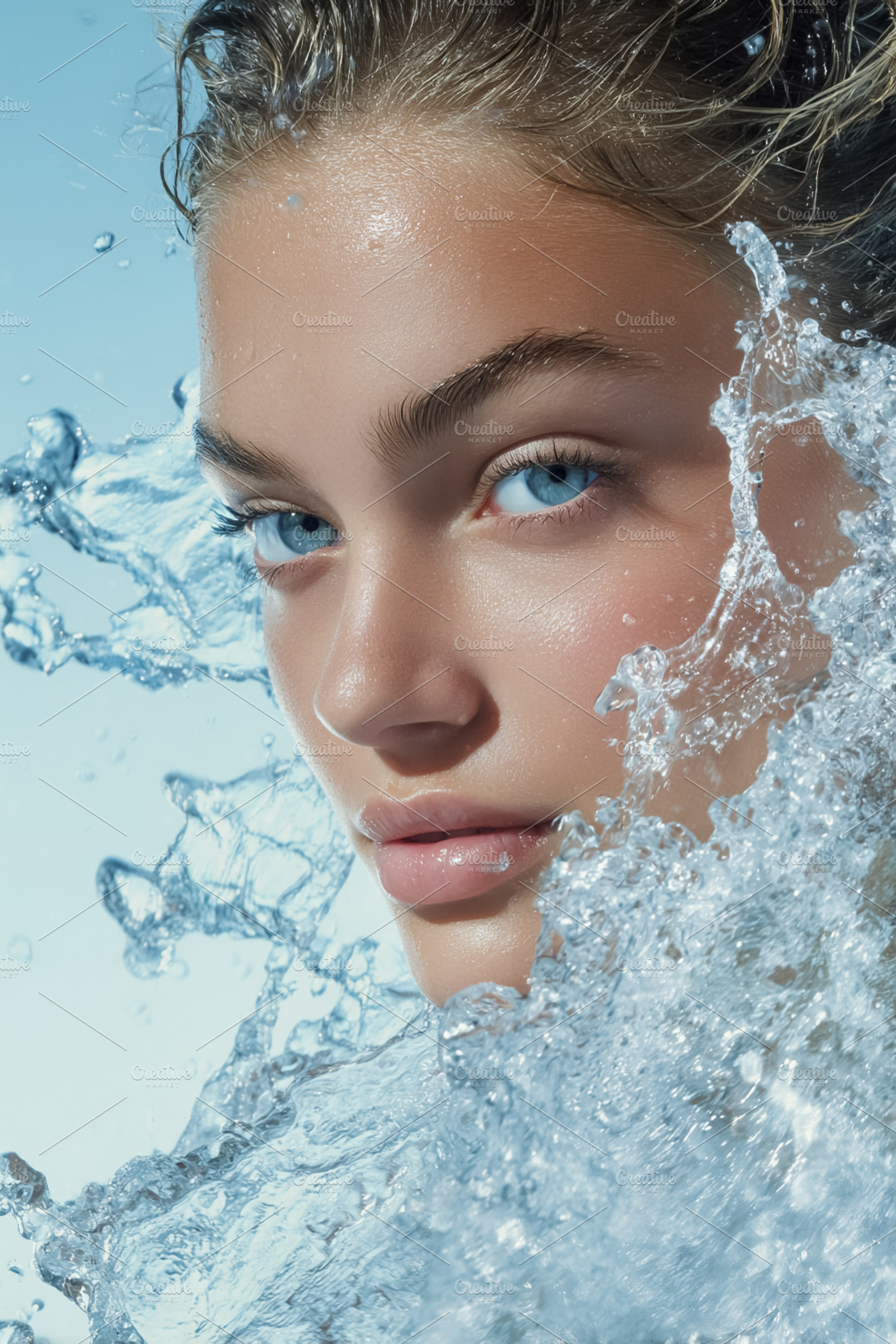 Woman with fresh clean face and blue eyes emerging from splashing water showing, a Photo by Studio ANNA