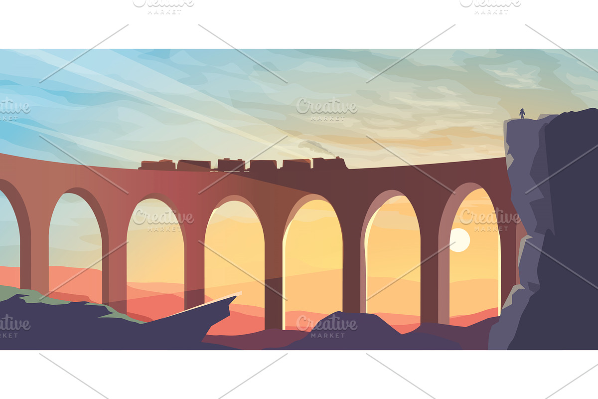 old train on bridge at sunset, a Transportation Illustration by IfH