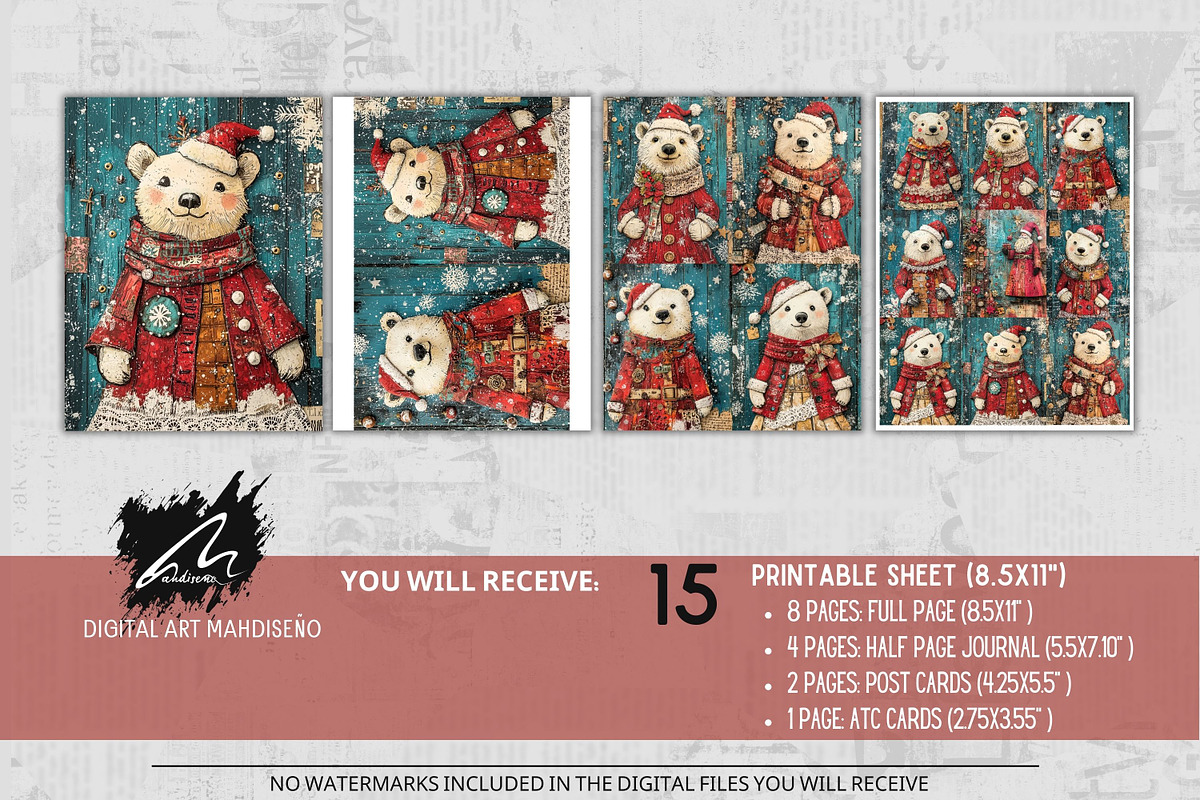 Cute Xmas Polar Bear Scrappapers, an Animal Illustration by Digital Art Mahdiseño (Photo 2 of 10)