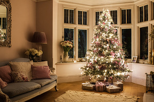 Elegant Christmas tree illuminating a cozy living room decorated for holiday ce, a Photo by Studio ANNA