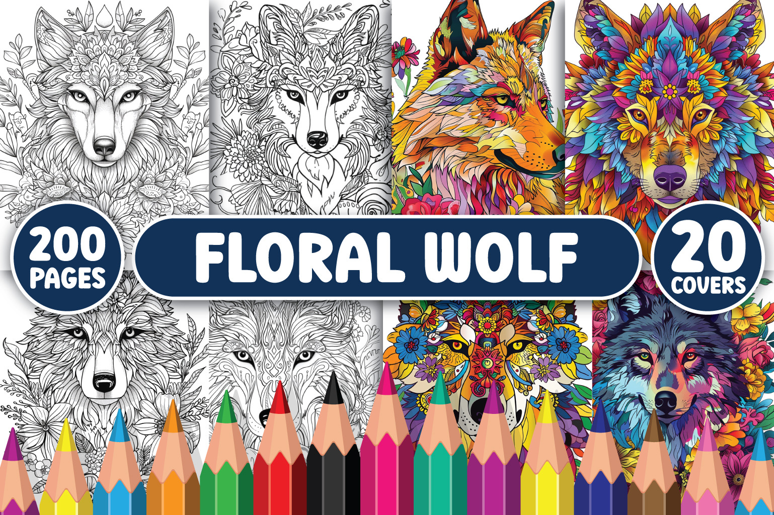 200 Floral Wolf Coloring Pages