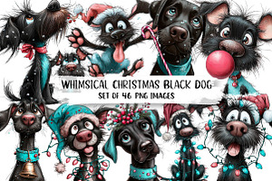 Whimsical Christmas Black Dog Clipar, an Illustration by DreamPrint404