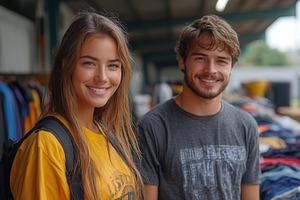 Youthful friends smiling in casual a, a Photo by Tanuart