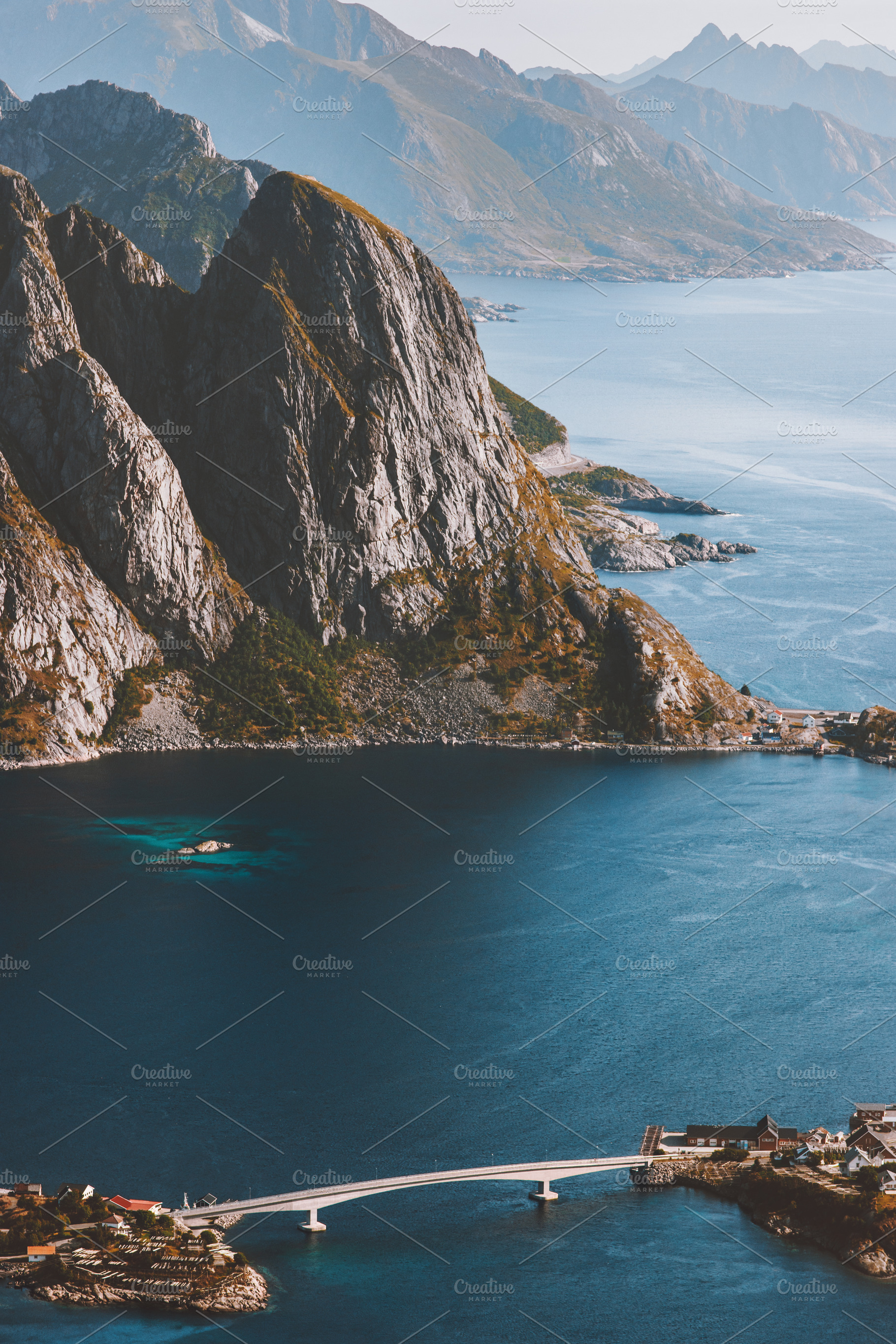 Lofoten islands in Norway landscape aerial view travel drone rocks and fjord sc, a Nature Photo by e v e r s t
