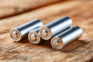 Metal batteries stacked on a wooden surface in a well-lit setting, a Photo by AlyaAnd