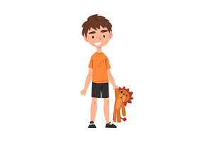 Cute Boy Holding Plush Lion