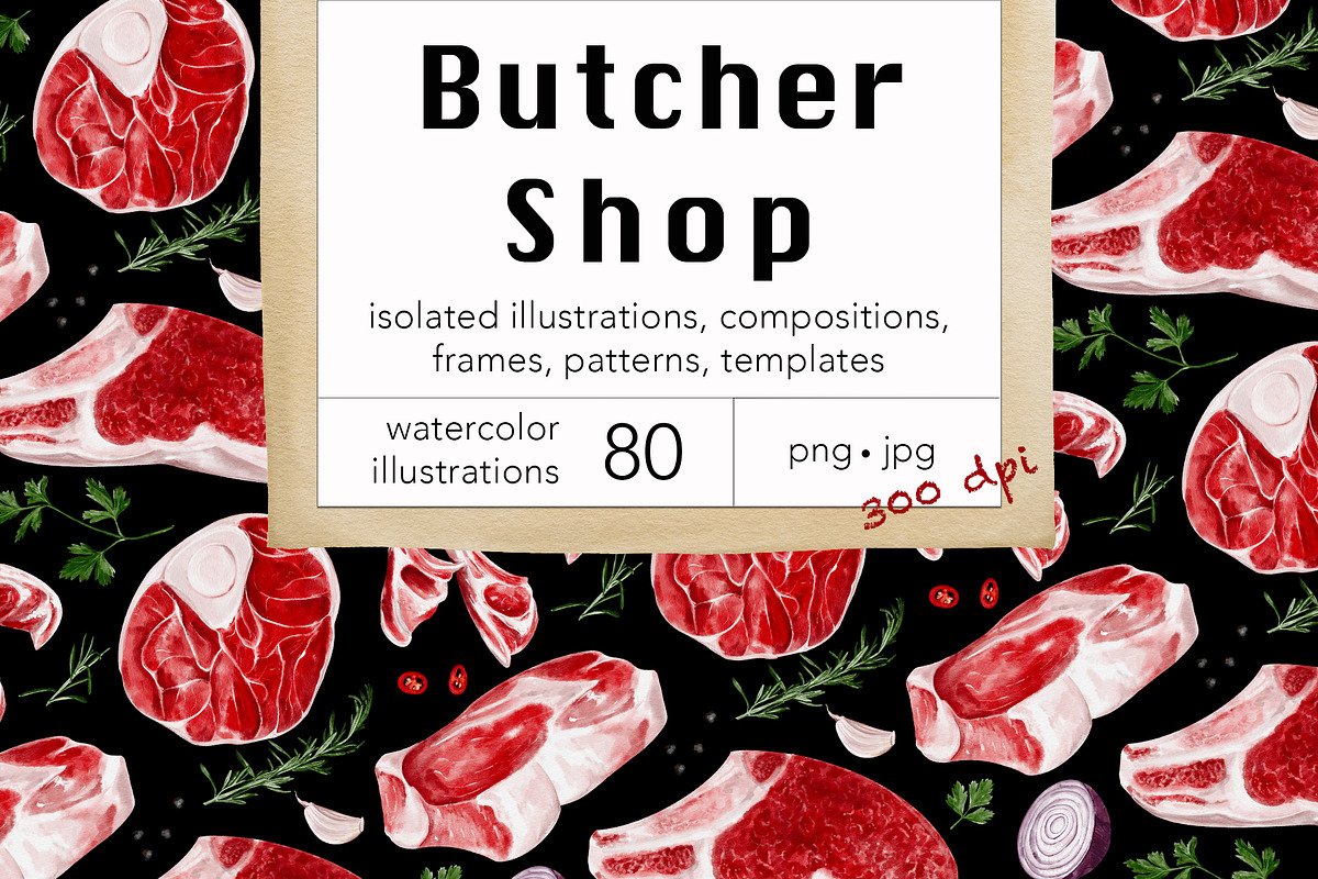 Meat, butcher shop. Watercolor., a Food Illustration by Alena Sid (Photo 1 of 11)