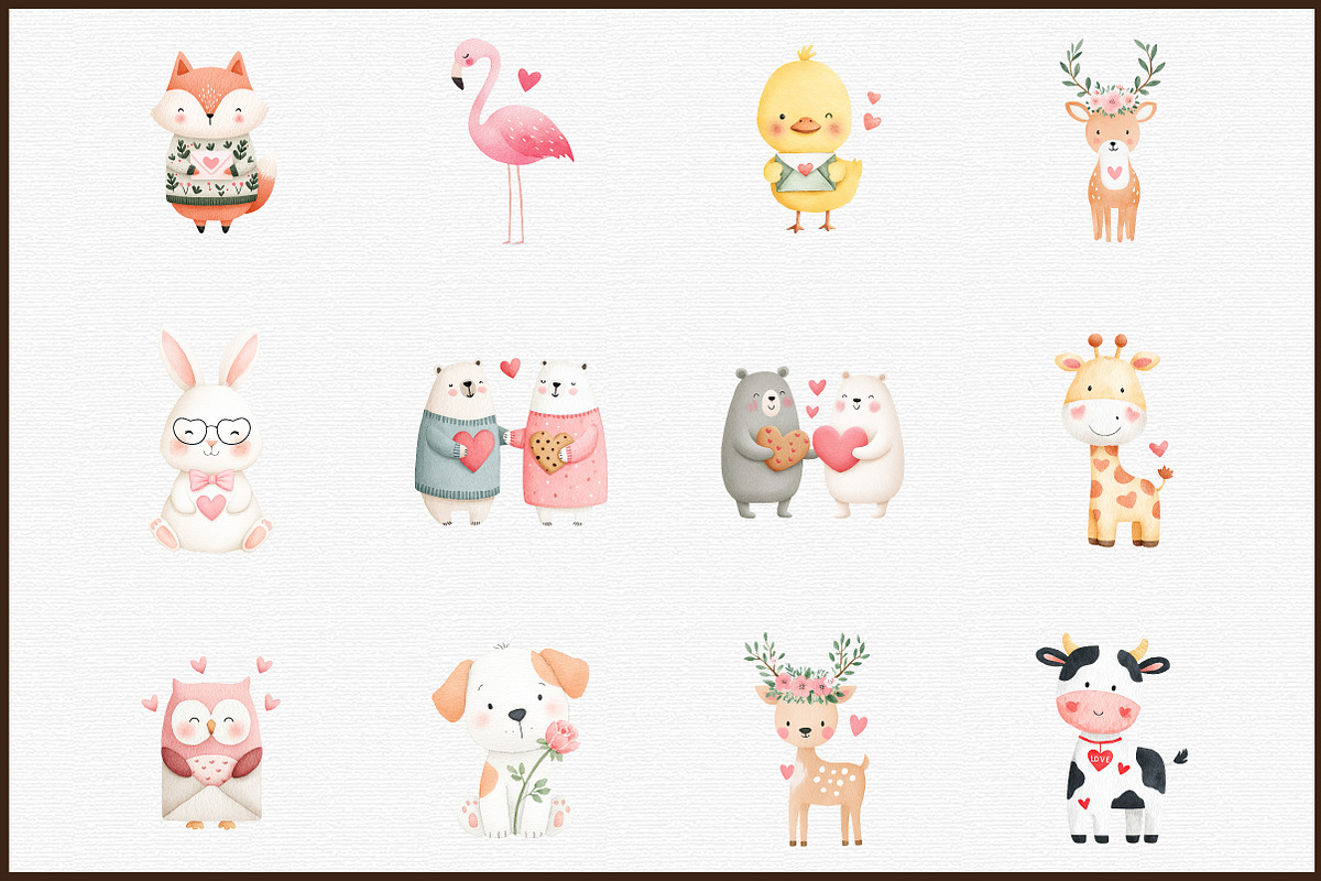 Valentine Animals Watercolor Clipart, an Illustration by Sublimation Artist (Photo 3 of 6)
