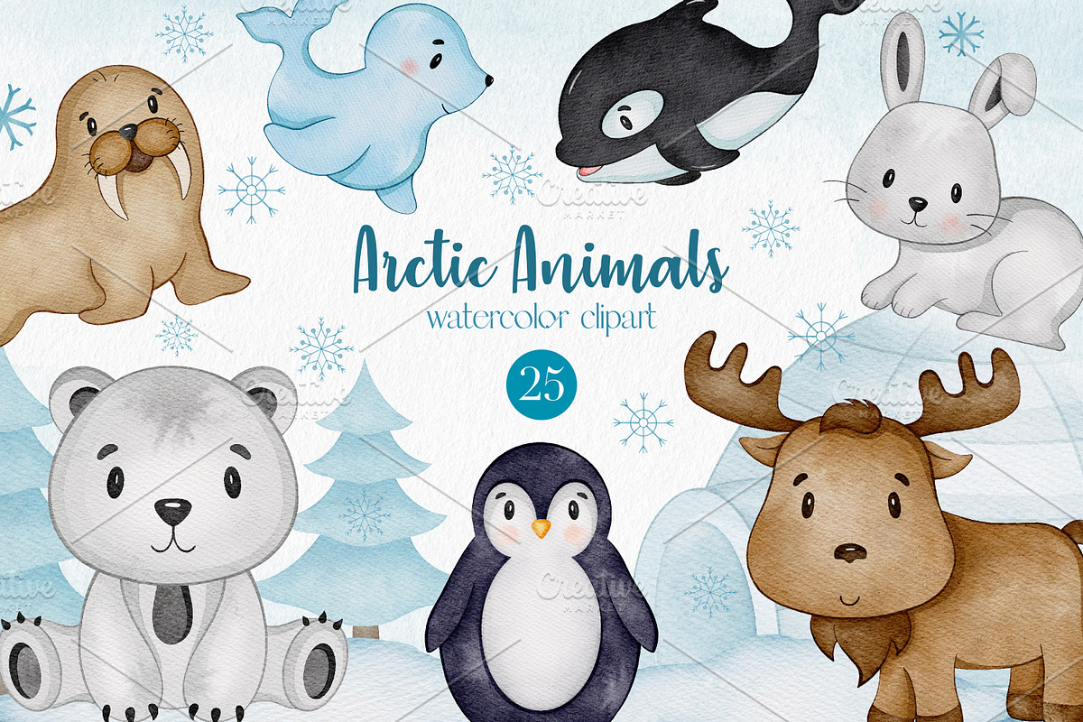 Watercolor Arctic Animals Clipart, an Illustration by LuiDesignStudio (Photo 1 of 5)