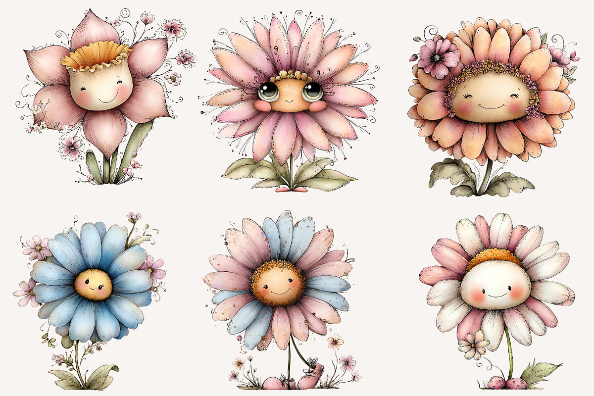 whimsical smiling flower clipart, an Illustration by Designworld (Photo 2 of 6)