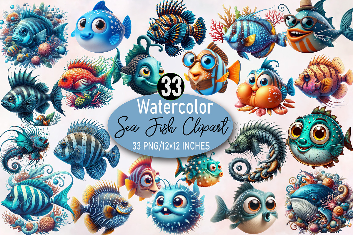 Watercolor Sea Fish Clipart Bundle., an Illustration by SVGArt (Photo 1 of 8)