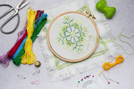 Embroidery with colored threads and various sewing accessories, an Arts & Entertainment Photo by Olena Rudo
