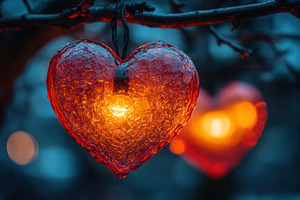 Heart-shaped decorations glow softly, a Photo by Tanuart