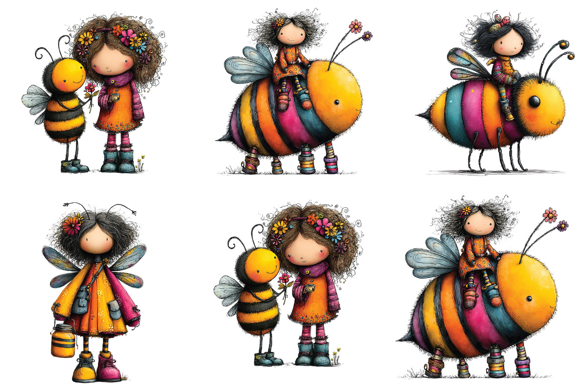Whimsical Quirky Bee Girl Clipart, an Illustration by CraftArtStudio (Photo 3 of 6)