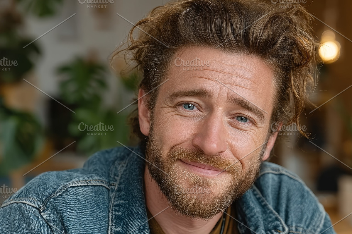 Friendly man with denim jacket smiling in a cozy indoor setting for a lifestyle, an Illustration by AS photostudio