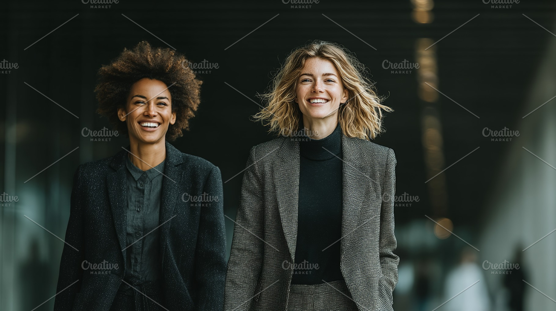 Confident businesswomen walking through a modern office corridor with smiles, a Business Photo by AS photostudio