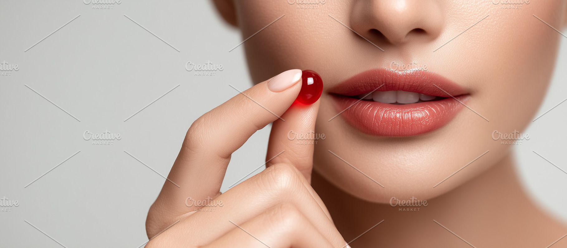Woman’s lips and hand hold red pill, a Health & Medical Photo by MistyDay