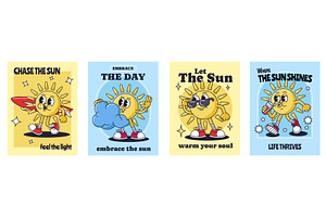 Retro cartoon sun posters. Summer, an Object Illustration by winwin.art