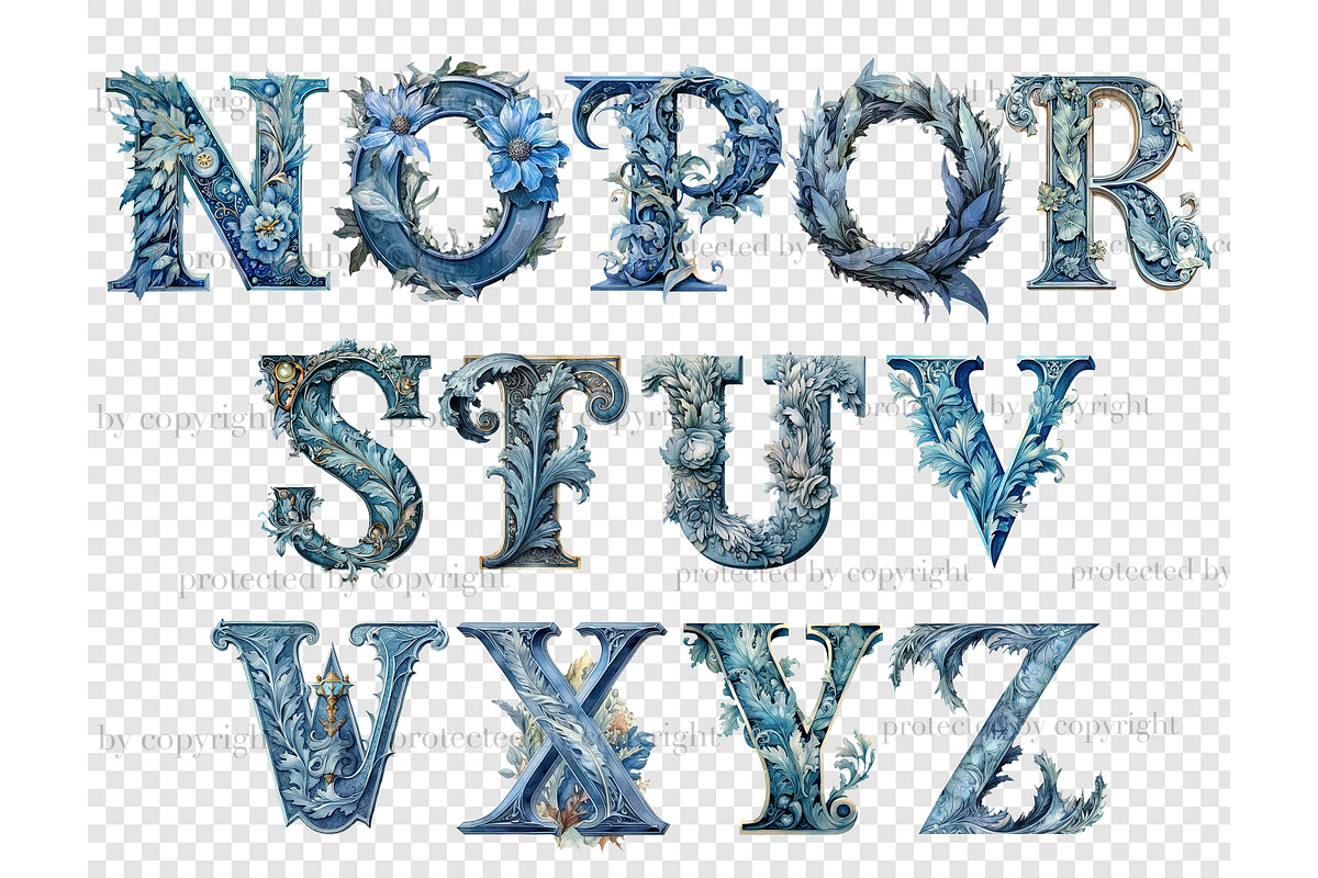 Blue Flowers Alphabet Clipart, a Decorative Illustration by GlamArtZhanna (Photo 5 of 5)
