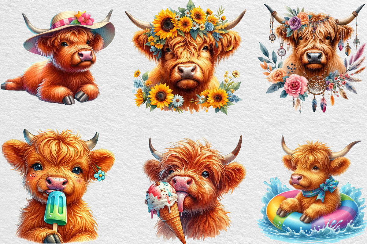 Highland Cow Summer Watercolor Clipa, an Illustration by Black Bird Studio (Photo 4 of 4)