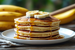 Delicious stack of pancakes topped with banana slices and drizzled with syrup, a Food & Drink Photo by AlyaAnd