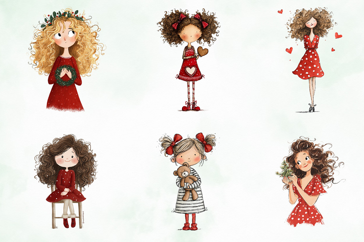 Quirky Funny Christmas Girls Clipart, an Illustration by Creative Art (Photo 5 of 13)