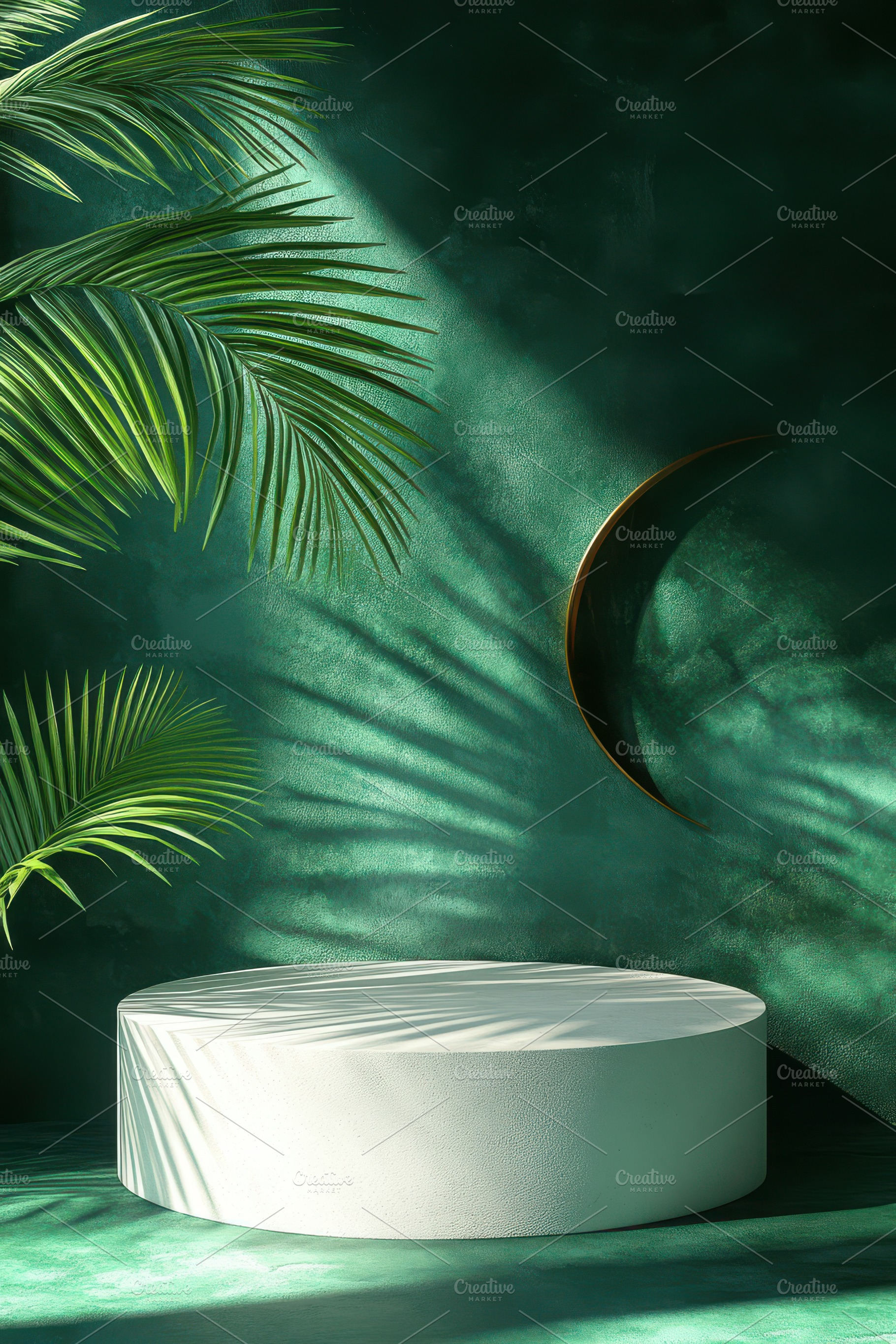 White pedestal tropical leaves green, an Abstract Photo by Pixeness Studio