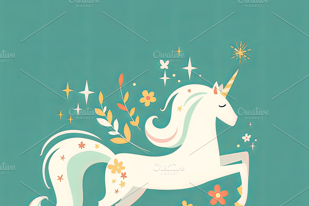 Whimsical illustration of a magical unicorn with colorful accents and floral de, an Illustration by AS photostudio