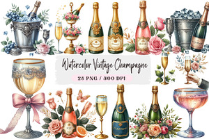 Watercolor Vintage Champagne Clipart, an Illustration by DreamArtGraphic