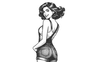 Smiling Woman in Overalls engraving, a Person Illustration by AlexArt