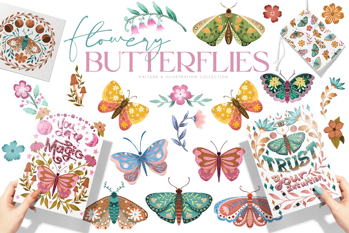 Flowery butterflies clipart set, an Animal Illustration by Yelloo Fish (Photo 1 of 14)
