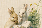 Two cute bunnies reading books in a whimsical fine art style, le, an Illustration by Studio ANNA (Thumbnail 1 of 2)