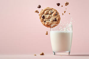 Chocolate cookie falling into glass with white milk, a Food & Drink Photo by AlyaAnd