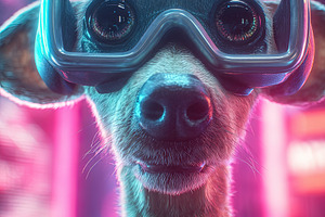 Close-up of a dog wearing large, glowing futuristic glasses in a, an Abstract Photo by Ales Munt