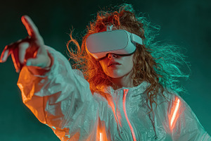 Woman in VR headset reaching into vi, a Photo by Pixeness Studio