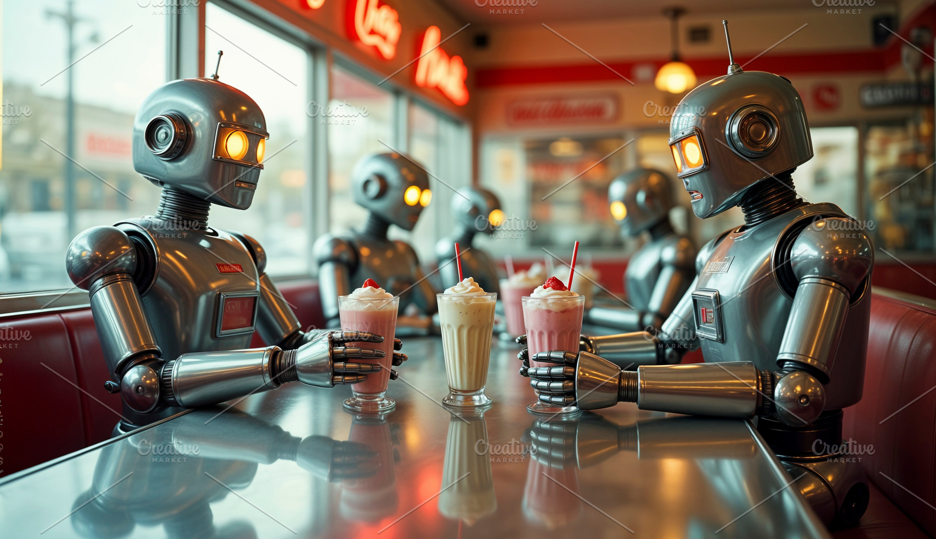 Retro robots enjoying milkshakes, a Photo by rarrarorro