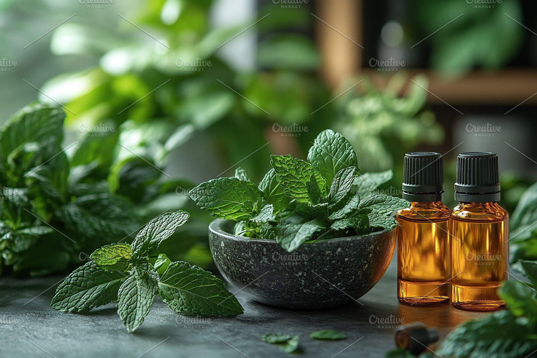 Small bottles of mint essential oil with mint leaves in mortar, a Nature Photo by AlyaAnd