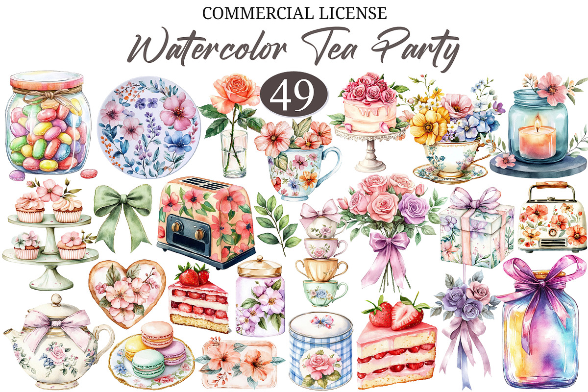 Watercolor Tea Party Clipart Bundle, a Seasonal Illustration by designcity5 (Photo 1 of 5)