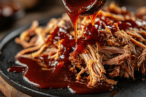 Pulled pork dripping with BBQ sauce, a Photo by Pavel_design