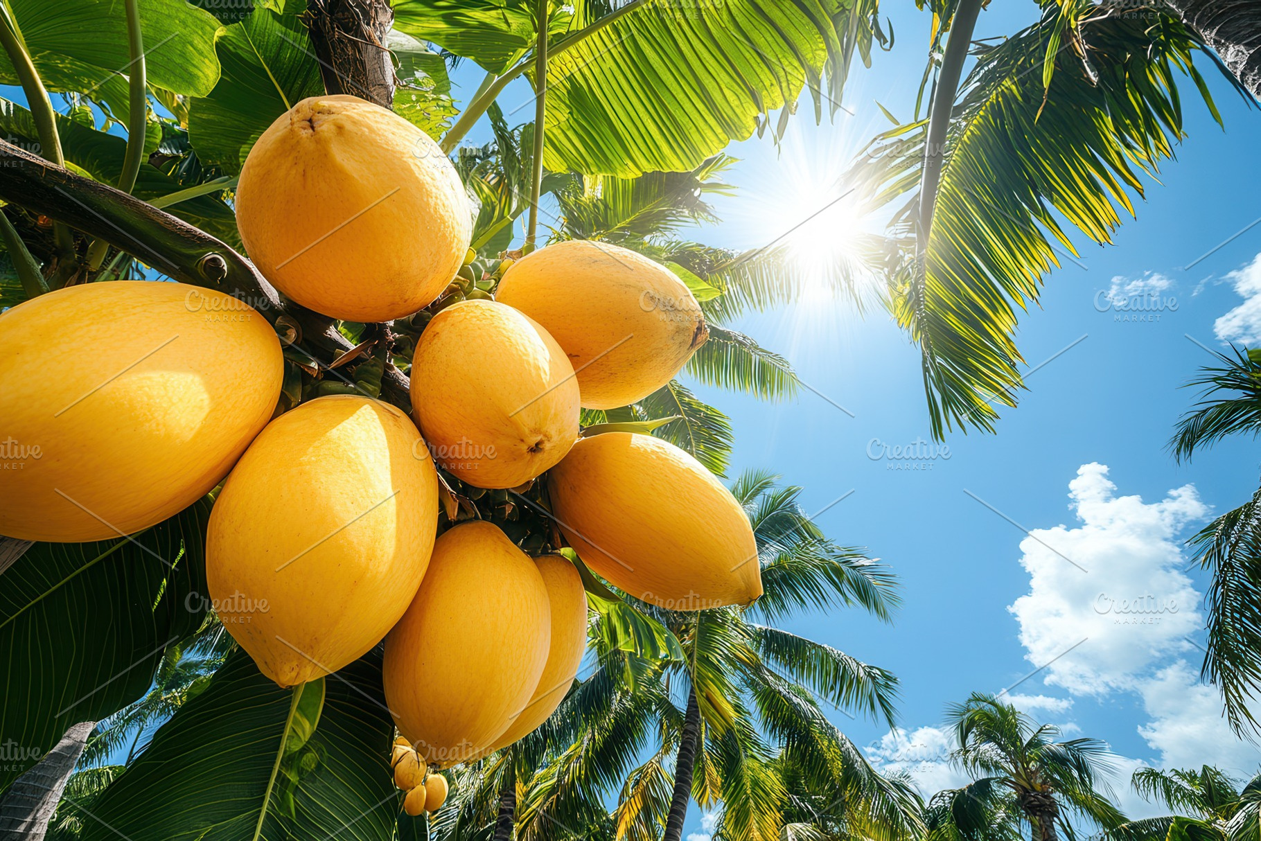Bright yellow fruit hangs from tropi, a Photo by Tanuart