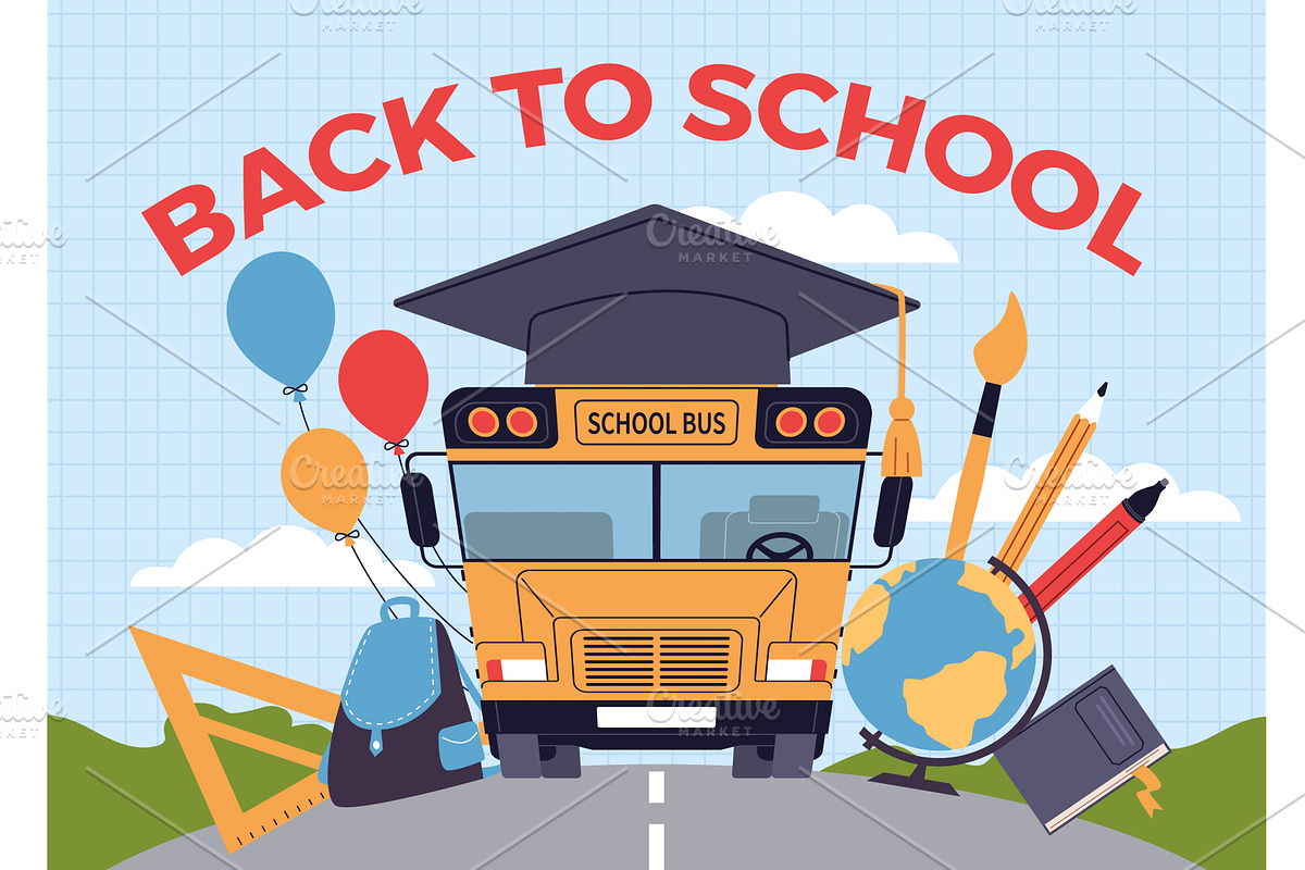 Yellow bus poster. Back to school, a Transportation Illustration by YummyBuum