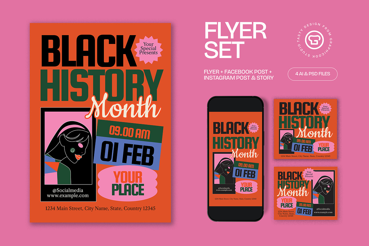 Orange Black History Month Flyer Set, a Flyer Template by graphicook (Photo 1 of 3)