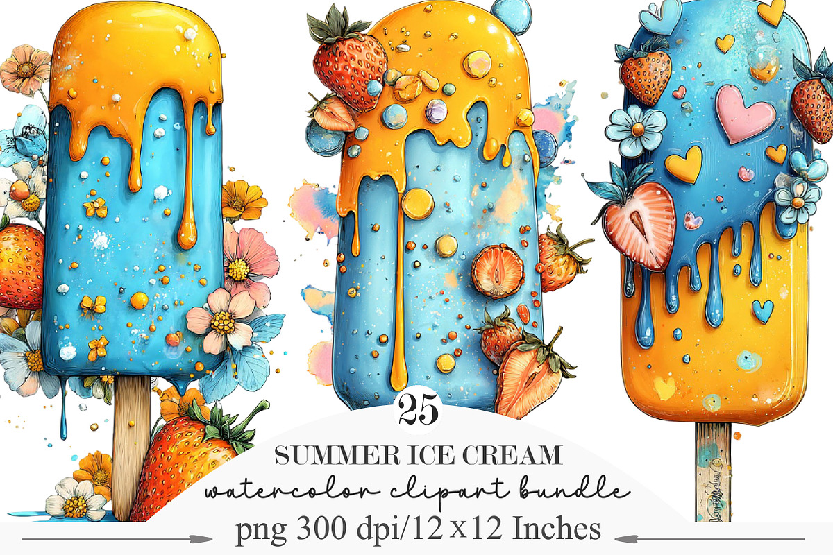 Summer Ice Cream with Strawberries, a Seasonal Illustration by Designking (Photo 1 of 5)