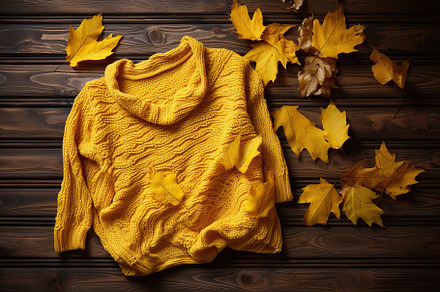 Knitted sweater with dry leaves on brown wooden background, a Beauty & Fashion Photo by AlyaAnd