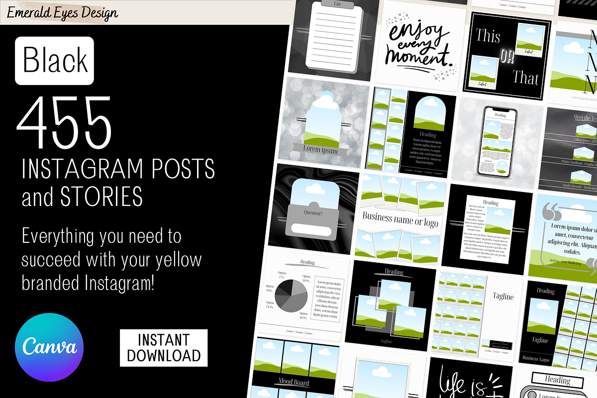 455 Canva Black Instagram Template, a Social Media Template by Emerald Eyes Design (Photo 1 of 12)